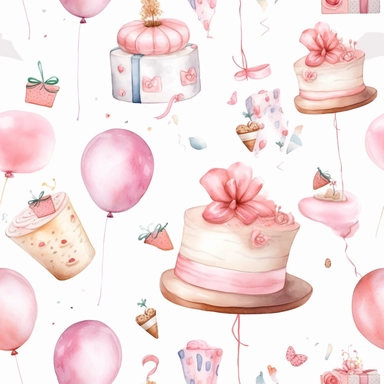 A cute collection on white with margins of birthday icon birthday cake, balloons, hearts, flowers, presents, watercolor, vector, clipart, elaborate, ultra - detailed, soft colors, rose gold and pink high definition, UHD