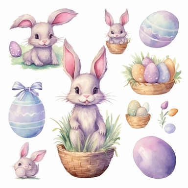 Watercolor easter eggs, illustrations clipart set, simple, soft colors, cartoon elements, different variants, easter elements, jumping bunnies, sitting bunnies ,rabbits, cute little girl, easter eggs in basket, separate elements with a margin