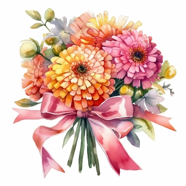 beautiful, bright colors, [Zinnia floral bouquet] with a pink tied bow ribbon, watercolor, clipart,cinematic, dramatic, realistic, very detailed, white background, clipart, medium image size ,