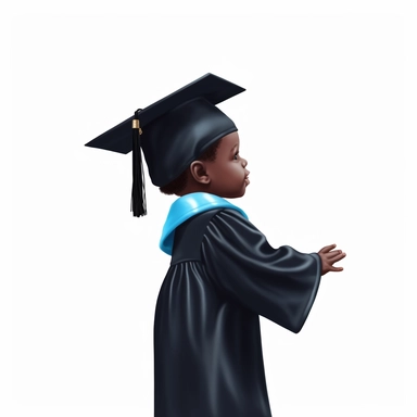 a black toddler graduate, with a light blue graduation cap, 3k graduation, sideview, faceless, hands up, soft illustration, bold cartoon clipart