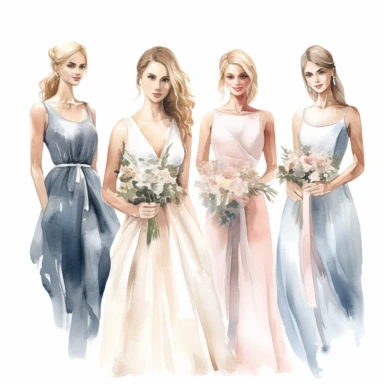 Watercolor wedding party clipart, bridesmaids, maid of honor, best man, high details, white background, 8k,
