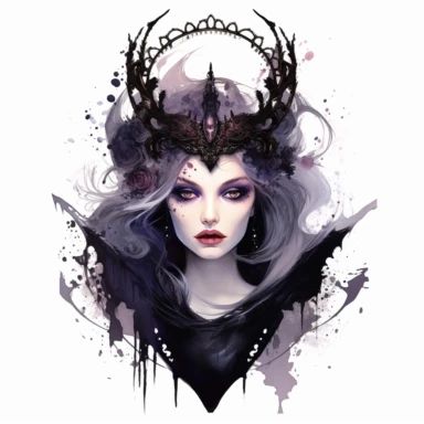 watercolor Evil Queen, beautiful but wicked queen with a black cloak, a crown, and a magic mirror, beautiful face, clipart, white background, by Natalie Shau, by Kawacy
