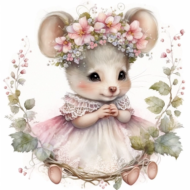 watercolour fairytale white cute baby princess mouse in pink tutu dress with floral tiara on head beautifully detailed facial features cute face, png image high resolution,300dpi,graphic clipart,computer graphics