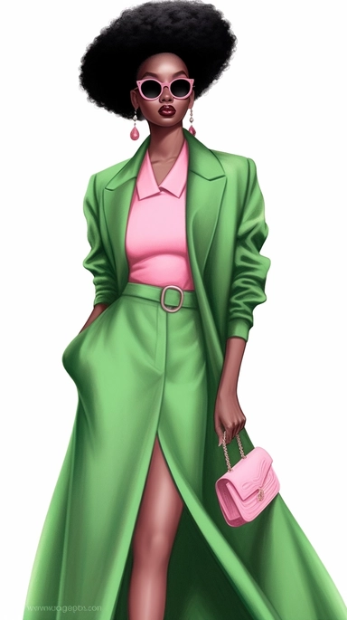 Faceless clipart, Boss girl clipart, Fashion illustration, African American clipart, Look Clipart, Fashion clipart, Black woman clipart, pink and green toned, royal, cartoon, painting