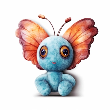 realistic digital painting, clipart of cute plush butterfly toy on white background