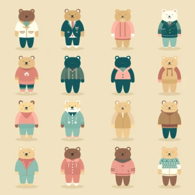 A modern, simplistic illustration showing a cute Teddy Bear with fashionistic human outfits in Cliparts. The illustration should be in a playful flat design style. Make sure there is no use of shading, tone or texture. The illustration should have a simplified, streamlined appearance. The illustration should be well-suited for use in digital or print media, such as infographics in white background.