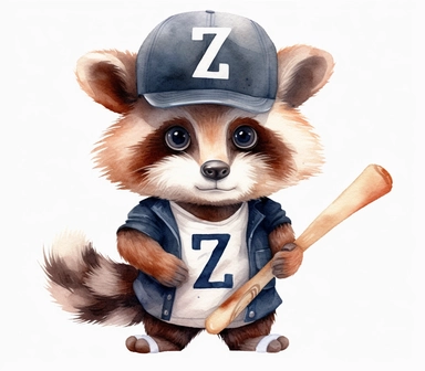 create watercolor clipart of letter Z , cute animal in baseball costumes with baseball, incredibly high detail, 16k, gorgeous, white background