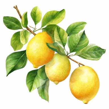 Watercolor clipart vibrant big branch with lush green leaves , The watercolor medium beautifully captures the essence of lemons, with their bright yellow hues blending seamlessly into subtle gradients, creating a sense of depth and texture. The delicate brushstrokes bring out the natural curves and contours of the lemons, while the leaves add a touch of organic elegance to the composition. These watercolor lemons with leaves are perfect for adding a splash of zest and vibrancy to your creative p