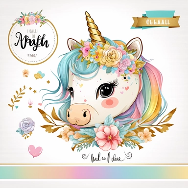 cute unicorn in chibi style with flowers in hair, colourful rainbow colours, well lite, with name plate ribbon with gold trim, watercolor clipart using procreate grain brush, svg white background