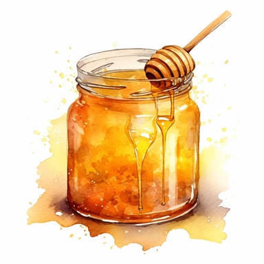 one jar of honey Watercolor clipart on a white background, in the style of texture-rich compositions, pictorial fabrics, bordalo ii, mandy disher, white background, anna dittmann, multi-panel compositions , no watermark, text, words, paintbrush, typography, the images do not stick together