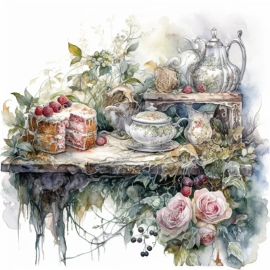 isolated on white illustration watercolor art of a part of a white kitchen buffet with bread and cake and cups, overgrown with white and light pink roses and flowers, covered with snow and ice, a lot of moss and branches, lace and embroidery, masterpiece by Tomasz Alen Kopera style and by Carl Holsoe style and by James C. Christensen style and by Alexander Jansson style, Baroque Architecture, PNG clipart, isolated on white, white background, extreme photorealistic details, 32k HD resolution, rea