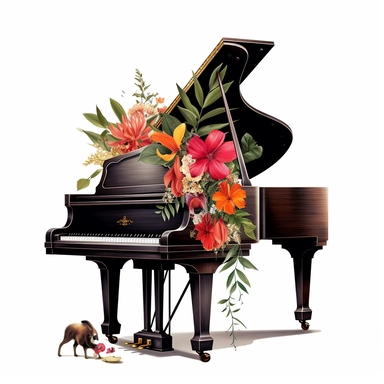 baby grand piano tropical floral clipart, varying angles and orientations white background