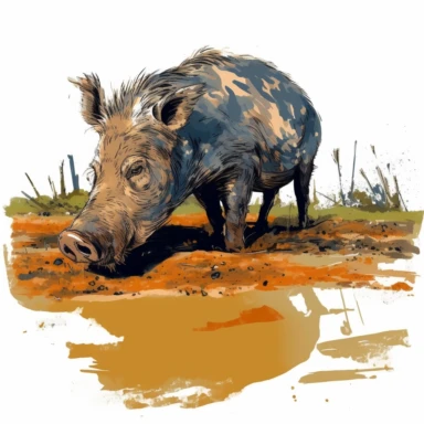 Giant forest hog, wallowing in a mud puddle to cool down, vibrant colors, clipart, on a white background.