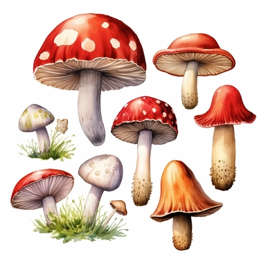 A watercolor edible mushrooms clipart in PNG format, with a white background and easy to cut out