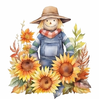 watercolour cute and friendly scarecrow in a flower bed, clipart on white background, no watermark, highly detailed, professional color gradation, clean sharpness