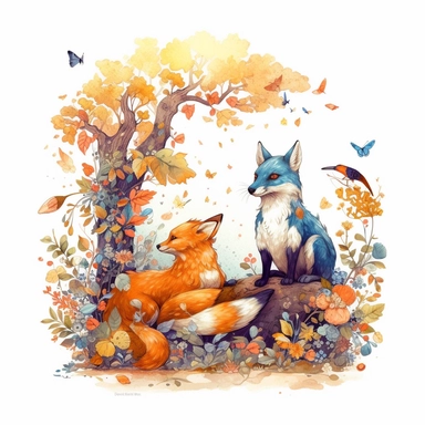 A whimsical scene of a fox and a rabbit sitting on a tree branch, surrounded by a flurry of leaves and flowers. The fox and rabbit are rendered in Marumiyan's signature style, Clipart, 8k, HD, white background