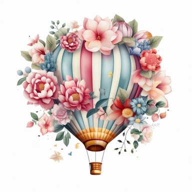 Hot Air Balloon With Foral realistic Clipart, White Background