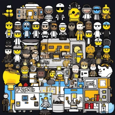 /imaginea set of black line clipart inspired by live fire cooking and barbecue and Lego and Funko Pop toys