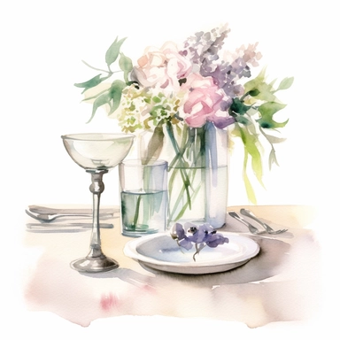 Table Setting Clipart: This watercolor piece shows a rustic wedding table setting with elegant glassware, ivory tablecloth, and pastel floral centerpieces.