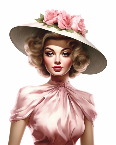 detailed beautiful lady facing me with vintage hat with pink roses dressed in a vintage dress, hyper realistic, 8k, isolated on white backgorund, clipart