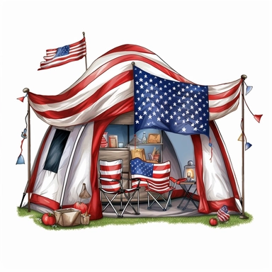 4th of July Patriotic Clip art of patriotic camping tent , png Full body realistic cartoon in 32K UHD cute, 15 cm thick outline. Black color, 8k with realistic watercolors and detailed illustrations. PNG clipart, transparent white background