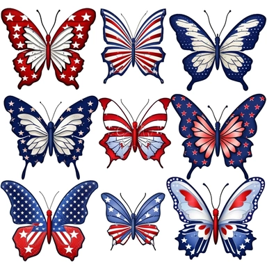 patriotic butterfly clipart, a collection of vibrant clipart illustrations, featuring butterflies with a patriotic theme, depicted with wings resembling the American flag, using bold and patriotic colors such as red, white, and blue, perfect for adding a touch of patriotism to designs, suitable for greeting cards, posters, or digital artworks,