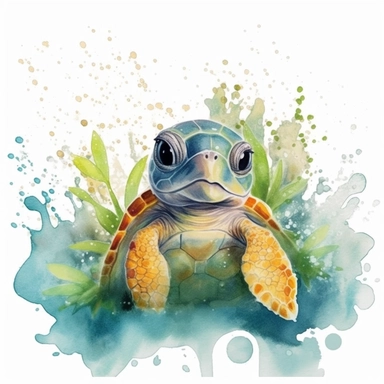 a captivating watercolor clipart image with a white background and white margins, featuring a cute sweet kawaii baby turtle surrounded by sea grass and water bubbles. The ultra-detailed, hand-drawn elements capture the details. Use vibrant shades of various colors to create a visually appealing image