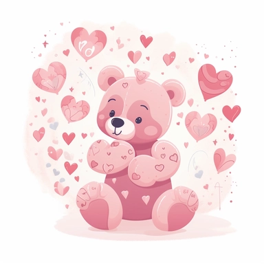 pink teddy bear with hearts clipart, vector cartoon childish illustration, flat illustration, pastel colors, white background, very low detail, ar 2:3