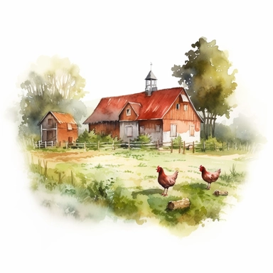 close up realistic watercolor drawing of a farm in Germany, on a white background where the background will be removed to repurpose as a clipart.