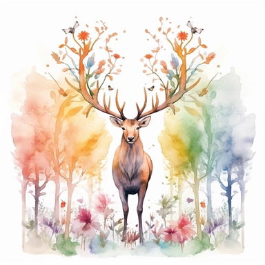 a whimsical watercolor clipart image with a white background and earthy colors, featuring a cute elk standing among a forest of tall trees, its majestic antlers adorned with colorful flowers. The ultra-detailed, hand-drawn elements capture the gentle and majestic nature of the elk. Use shades of brown, green, and orange to create a visually captivating and serene image that conveys the beauty and grace of the elk in its natural habitat.