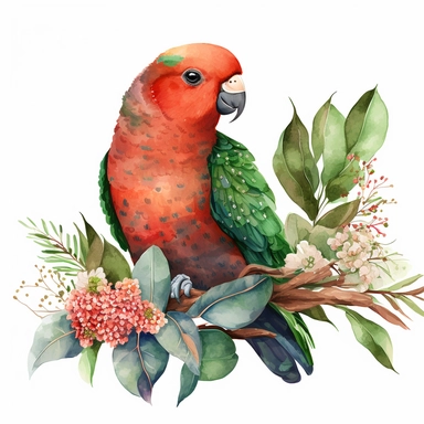 watercolor clipart of a cute Australian King Parrot bird with big eyes, native flowers, no background. Sharp face of animals. Adorable. High quality.
