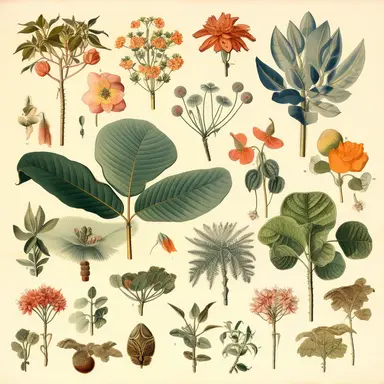 Clipart, vintage, watercolor, Botanical prints from the 1800s representing the diverse plant life of the South American rainforests, hand draw, texture