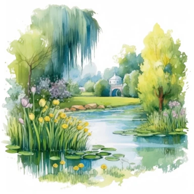 A tranquil pond, surrounded by weeping willows and blooming water lilies, adds a serene touch to the vibrant Spring garden, ,clipart, on a white background.