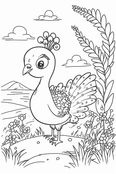 a cute and happy peacock in grasslands, black and white clipart for a kids coloring page, simple and clean, thin line art, accurate features, proportionally sized, illustration style,