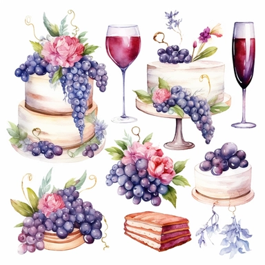 Vector collection, wedding, feast, wine glasses, balloons, ribbons, party, happiness, wedding cake, bouquet, flowers, clipart, watercolor, 8k, white background.