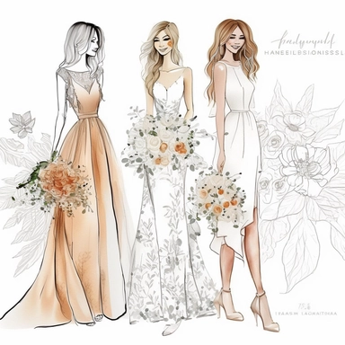 Best Friends wedding Fashion Illustration Clipart, high resoulution format,bride and bridesmaids png file