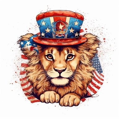 Cute patriotic lion clipart Sublimation Clipart, Cartoon, hyper realistic, intricate detail, illustration style, high solution, on the white background