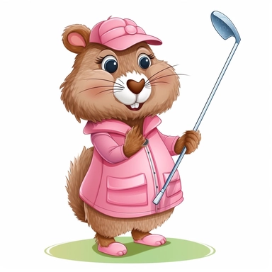 simple clear detail cute female groundhog wearing pink golfing clothes and holding a golf club cartoon clipart on a white background