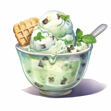 watercolor painting of an mint chocolate-chip ice cream flavor in a bowl, style of ice cream sundea, full of oreo, craker, in the style of multilayered realism, tall, many scoop, traditional oil paiting, clipart, white background