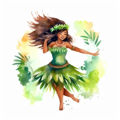 watercolor hula girl in grass skirt clipart, white background, hd, hand drawn