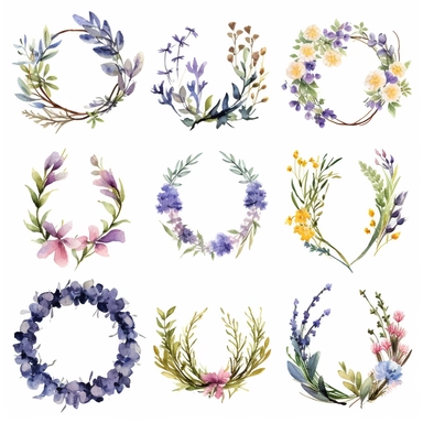 A delightful and captivating collection of watercolor wildflower floral botanical wreaths for clipart, featuring hand-painted wildflowers arranged in elegant circular designs. Each wreath showcases an array of different wildflowers, such as daisies, poppies, and bluebells, in soft, natural hues that blend harmoniously to create a dreamy, ethereal atmosphere. The artist's attention to detail and skill in the watercolor medium are evident in the delicate petals, leaves, and stems. These enchanting