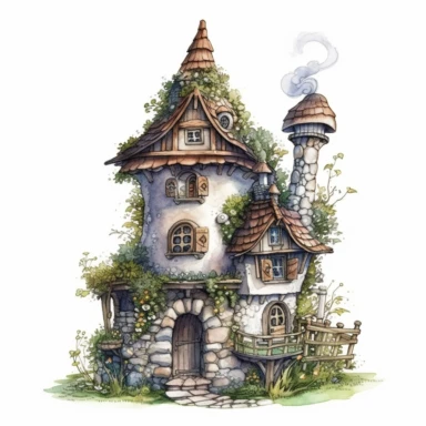 one fairy house clipart on a white background, in the style of hyperrealistic fantasy, intricate art nouveau, international gothic, highly detailed realism, atmospheric watercolors, fantasy characters, dark white and light bronze , no watermark, text, 300 DPI , typography, shapes do not stick together, no text in the picture, on a white background