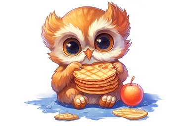 cute anime baby owl eating pancake with fruit clipart, hd, on white background, spaced out