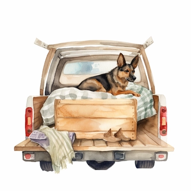 dog in the bed of a truck watercolor clipart single design, 8k