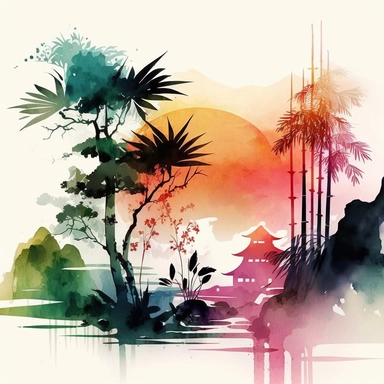 watercolor, colourful clipart Asia landscapes, bamboo, digital illustration, 8k, hd 1:3 v5