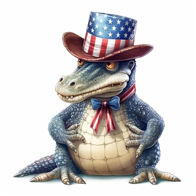 full perspective, american patriotic alligator wearing a hat clipart illustration, centred, vibrant colors, add the flag, on a white background, no watermark, no logo, no writing
