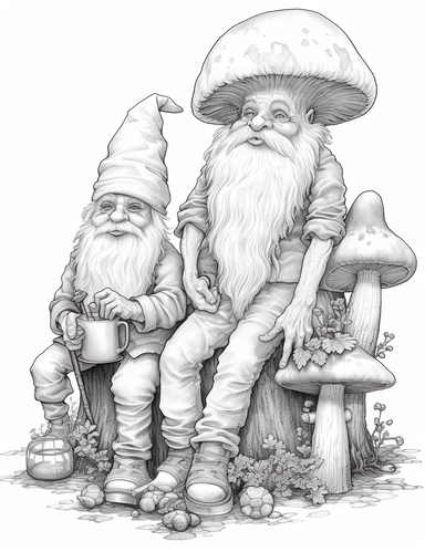 light gray and bubbles, two humanoid gnomes are sitting on a huge mushroom, highly detailed clipart, hdr, 32K, photo expert quality, greatest for coloring realistic, hyperrealistic and highly detailed, coloring book pages, isolated on a white background