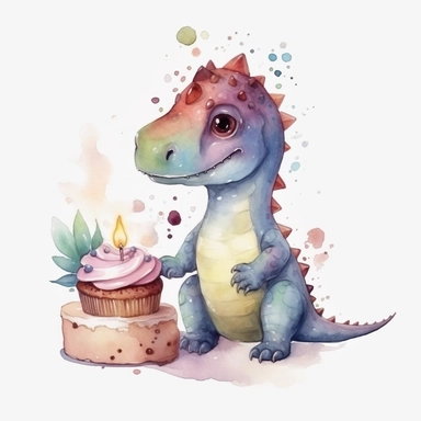 High resolution, cute dinosaur holding birthday cake, watercolor clipart, completely white background
