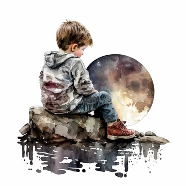 Litlle boy is sitting on a rock watching the moonlight, Moonlight Boy, splash , watercolor by Thomas W.Schalle, clipart, white background