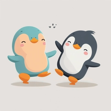 2 cute pinguins dancing, Clipart, southpark style, white background, flat style, no shadows, no text, no caption